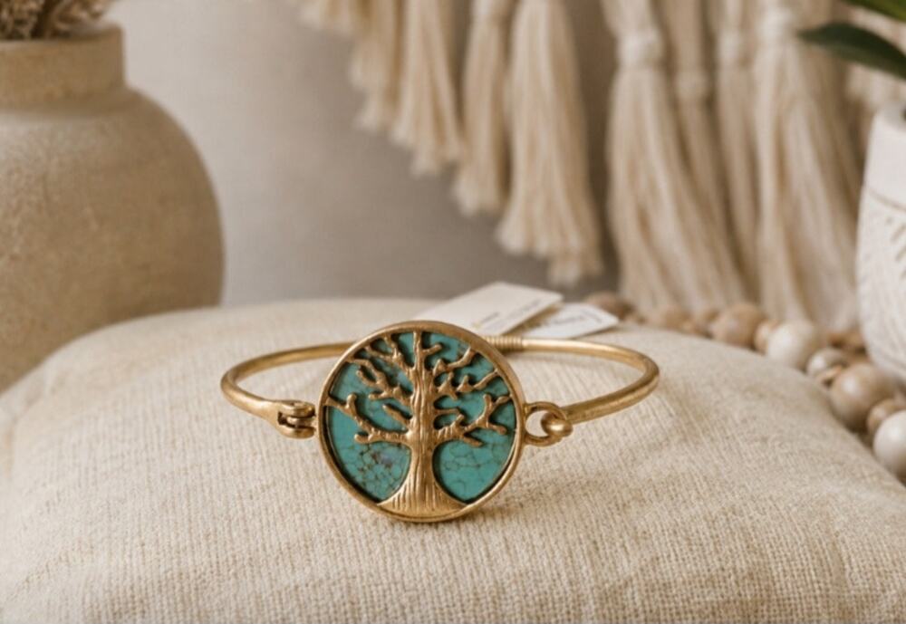 Pomina Brushed Gold Blue Tree Of Life Bangle Bracelet New